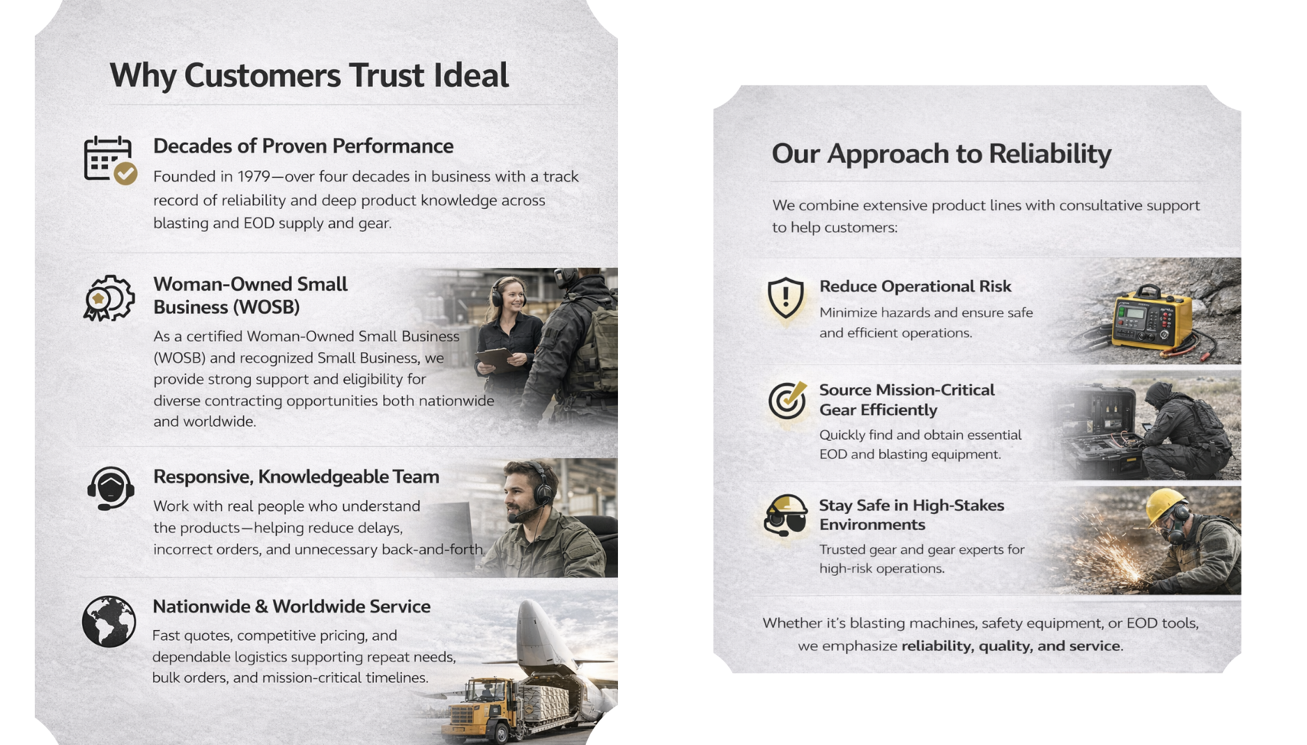 Why Customers Trust Ideal Decades of Proven Performance Founded in 1979—over four decades in business with a track record of reliability and deep product knowledge across blasting and EOD supply and gear. Woman-Owned Small Business (WOSB) As a certified Woman-Owned Small Business (WOSB) and recognized Small Business, we provide strong support and eligibility for diverse contracting opportunities both nationwide and worldwide. Responsive, Knowledgeable Team Work with real people who understand the products—helping reduce delays, incorrect orders, and unnecessary back-and-forth. Nationwide & Worldwide Service Fast quotes, competitive pricing, and dependable logistics supporting repeat needs, bulk orders, and mission-critical timelines. Our Approach to Reliability We combine extensive product lines with consultative support to help customers: reduce operational risk source mission-critical gear efficiently and stay safe in high-stakes environments Whether it’s blasting machines, safety equipment, or EOD tools, we emphasize reliability, quality, and service.